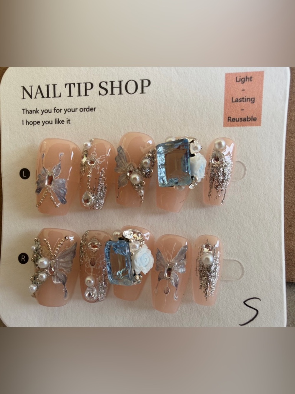 Nude Press-On Nails with Blue roses, butterflies, rhinestones & Pearl Accents-S